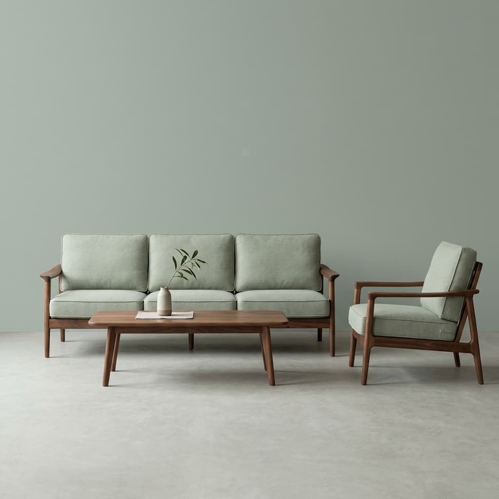 Bộ sofa gỗ óc chó đệm vải xanh nhạt trong không gian xanh sage